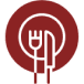 Minimalist red dining set icon with plate, fork, and knife.