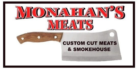 Butcher cleaver logo reading Monahan's Meats