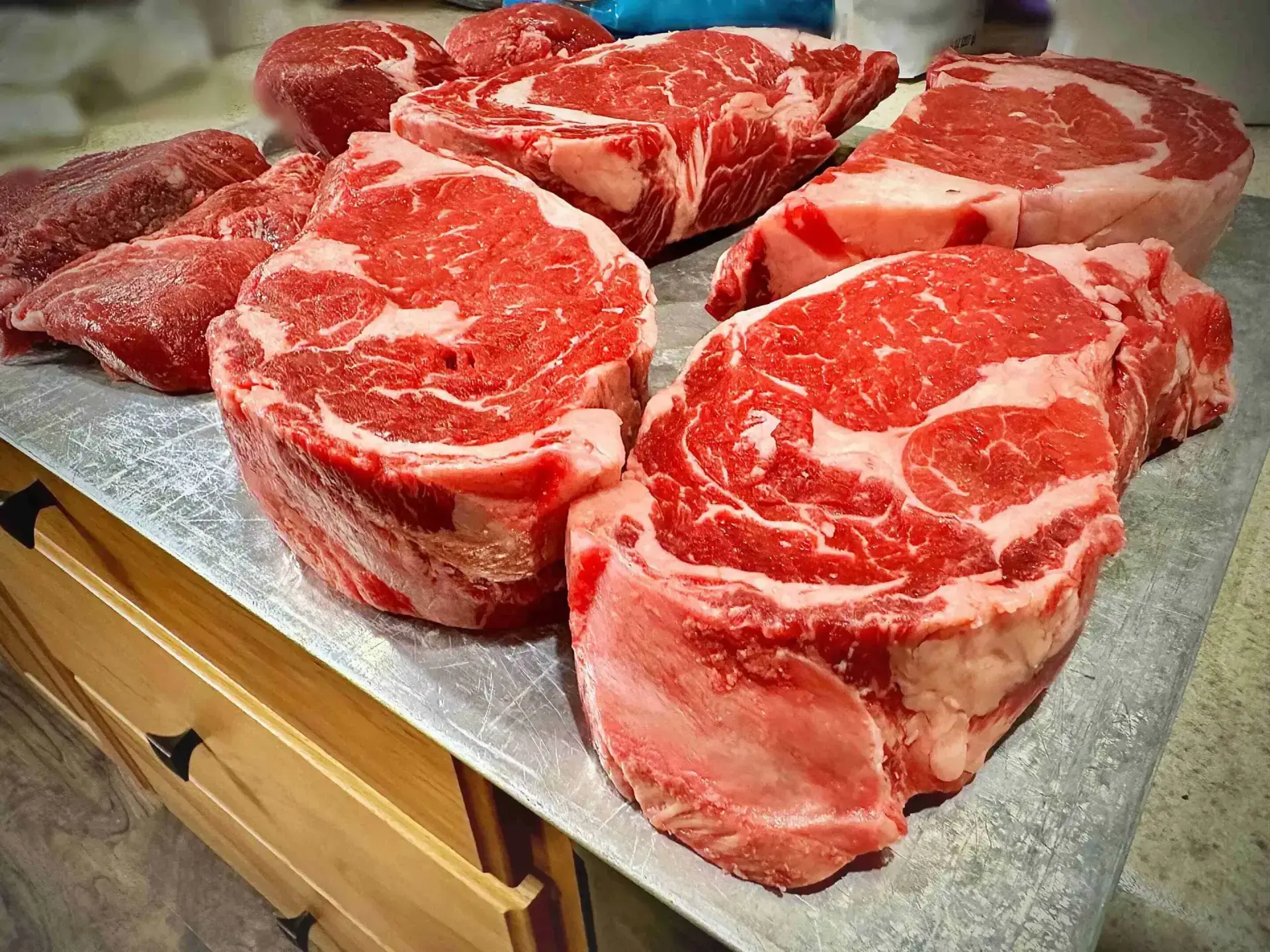 Thick ribeye steaks with heavy marbling